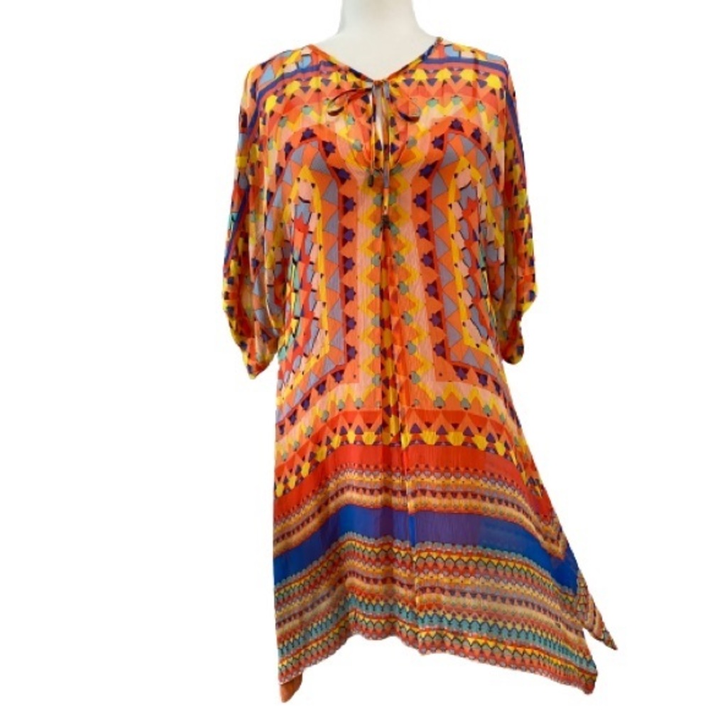 Hale Bob 100% Silk Dress Colorful Geometric Boho Shark-Bite Hem M
